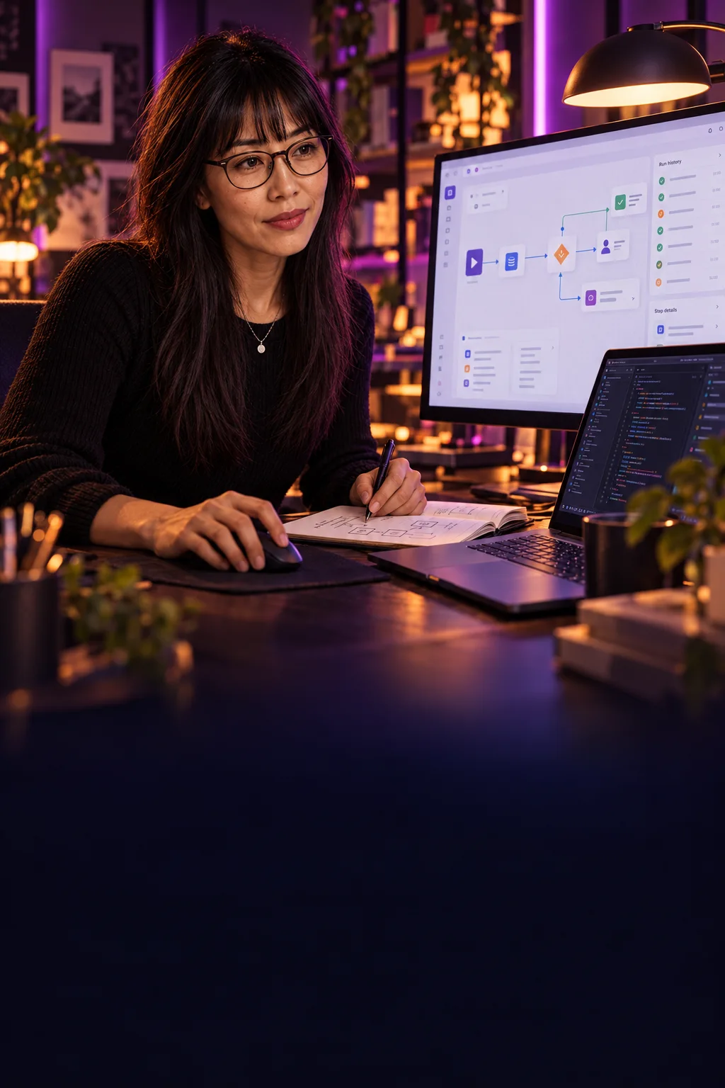 Alina designs an AI workflow with connected steps and execution states on her monitor.