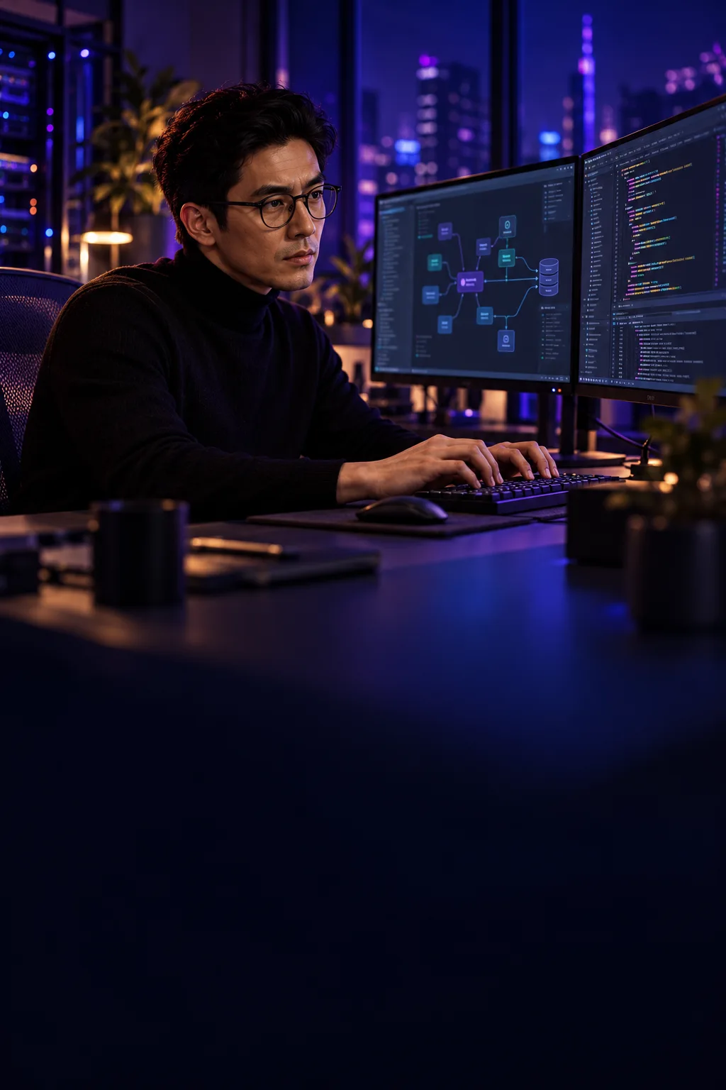 Orion develops a backend with code and a service-architecture diagram on two monitors.