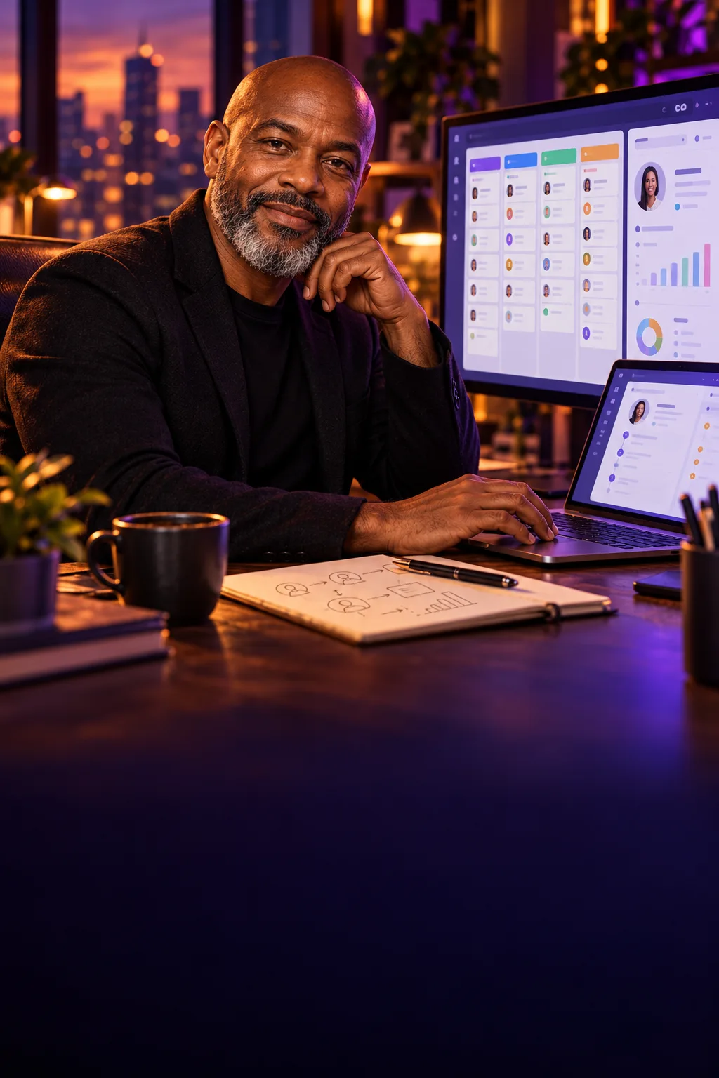 Milan builds a customer-management system, with a sales pipeline on his monitor.