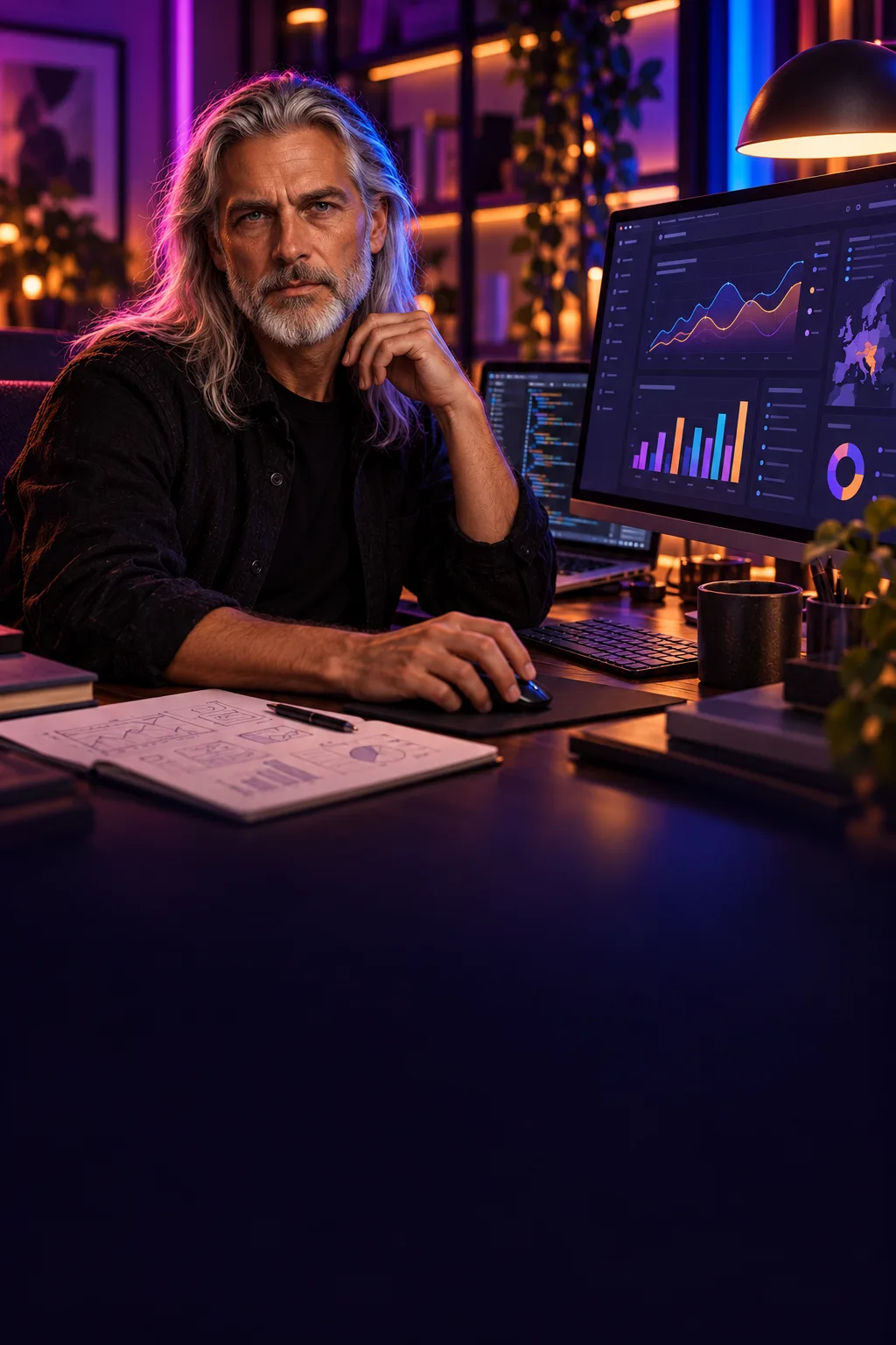 Graph builds a data dashboard with charts and visual comparisons on his screens.
