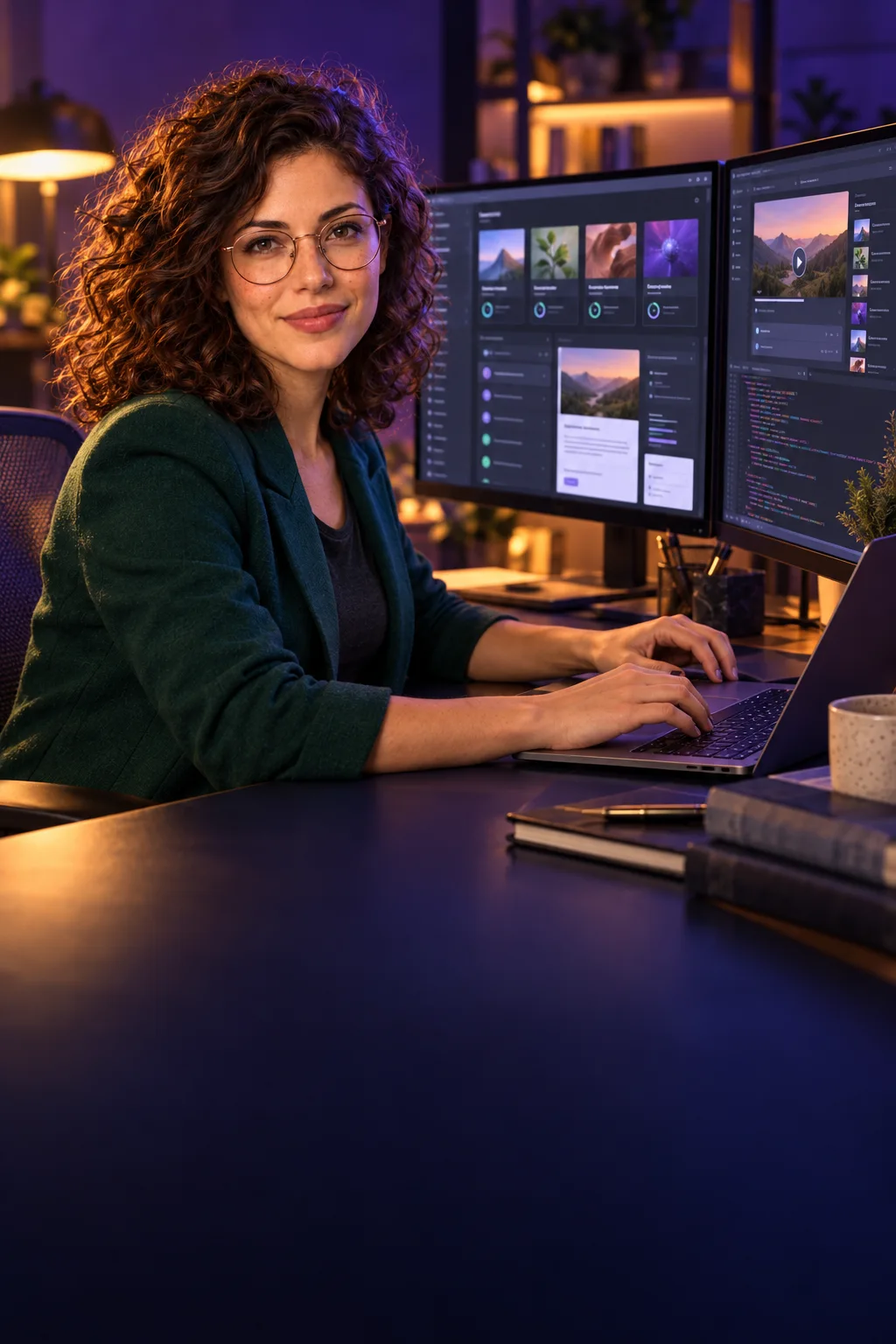 Liora develops a learning platform with courses, assignments and student progress on her screens.