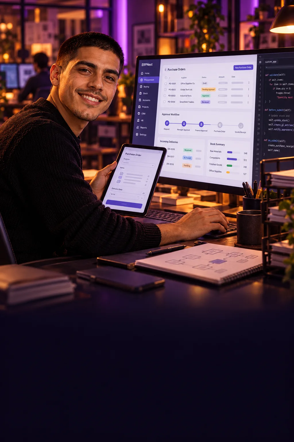 Bastian builds an ERP system with connected business modules and records on his screens.