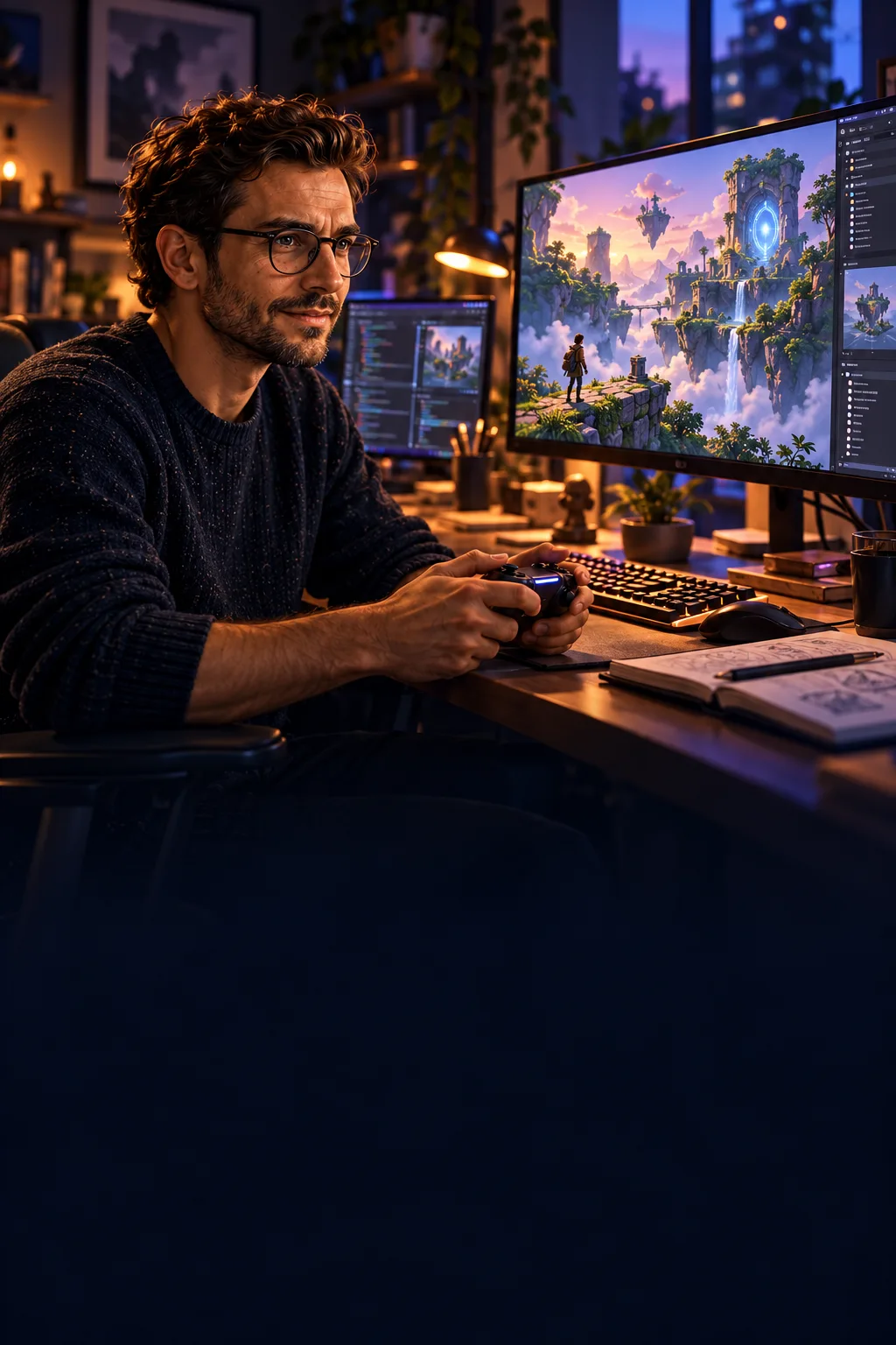 Leo play-tests a fantasy adventure at his game-development workstation.