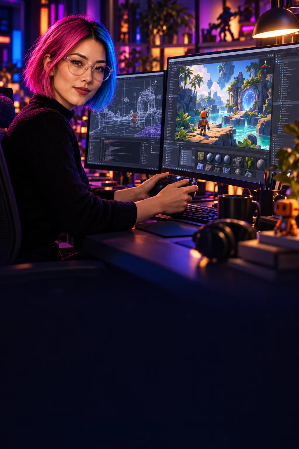 Max develops a 3D game with a Unity scene and a playable world on his screens.
