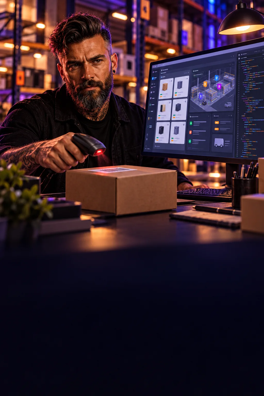 Axel develops an inventory system with stock levels, product records and warehouse movements on his screens.