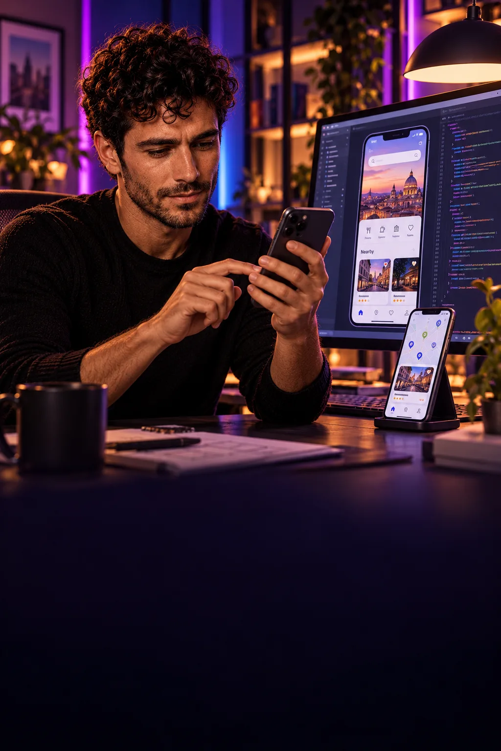 Finn develops a mobile app with a phone and app screens at his workstation.