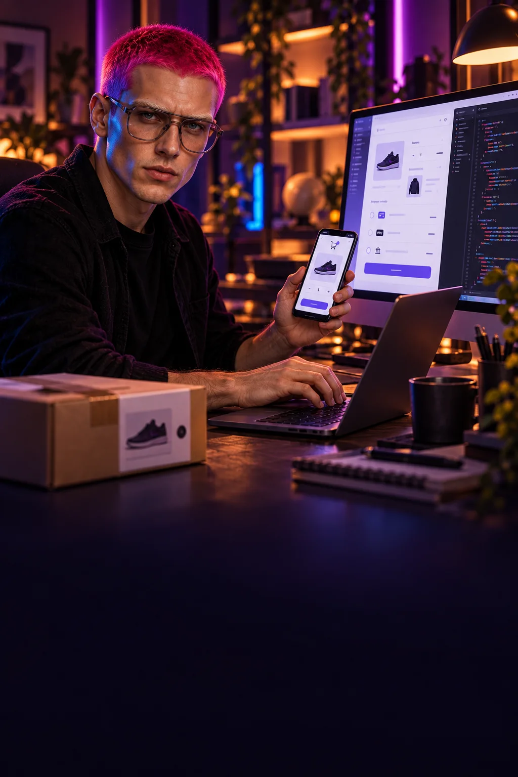 Blake develops a webshop checkout with payment and billing flows on his screens.
