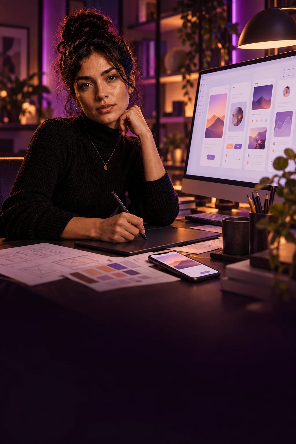 Aria designs app interfaces with a pen tablet, wireframes and mobile screen layouts.