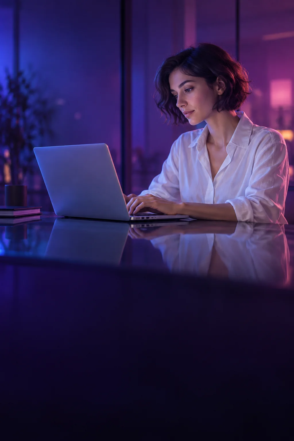 A woman works on her laptop in a studio lit with soft purple light.