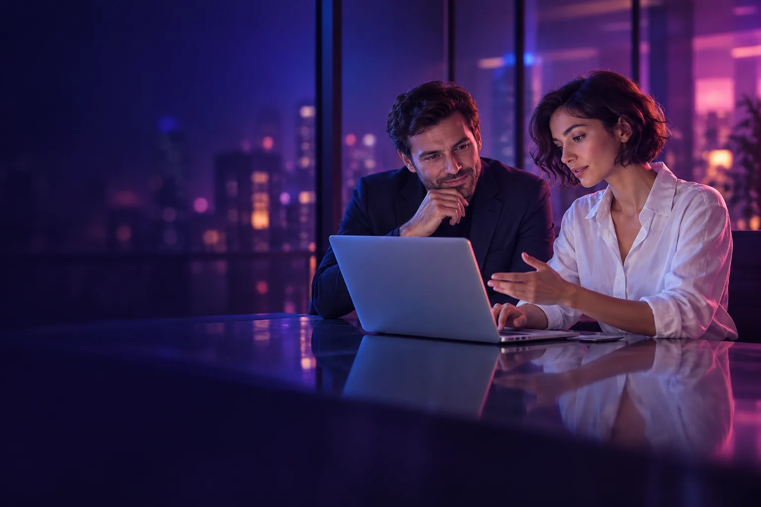 An expert and a business owner look at the software taking shape on a laptop.