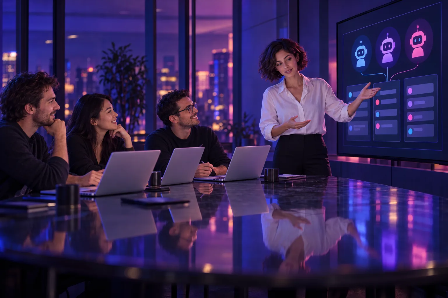 A two-hour onboarding: the expert shows three founders the AI team at work on a large screen.