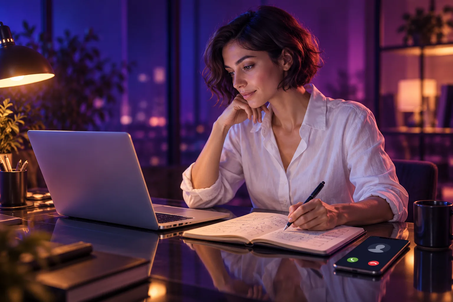 An independent expert working on their own business in the evening.