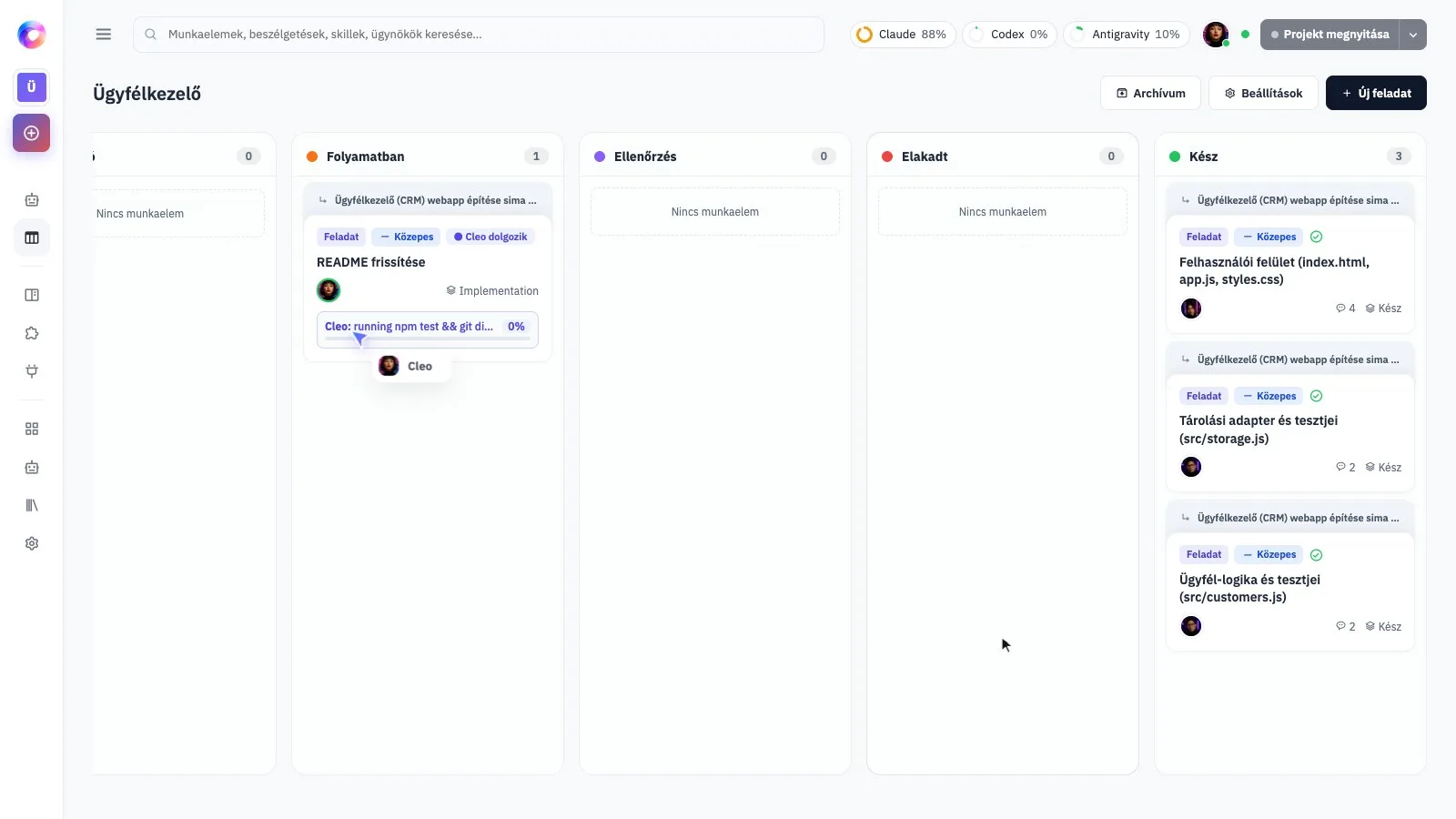 Az Orqestria feladattáblája egy bemutató projekttel